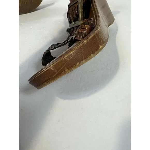 J. Crew Sandals Women 8 Brown Leather & Wood Strappy Wedge Made In Italy Ladies - Picture 12 of 12